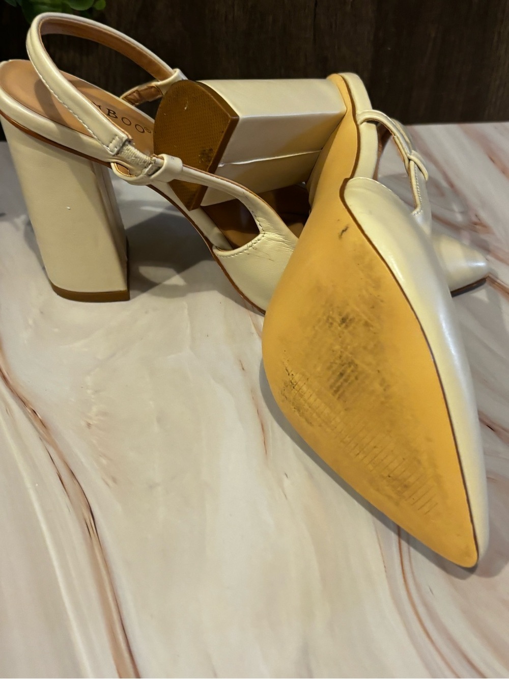 BAMBOO Cream Pointed Slingback Block Heels - Picture 6 of 7